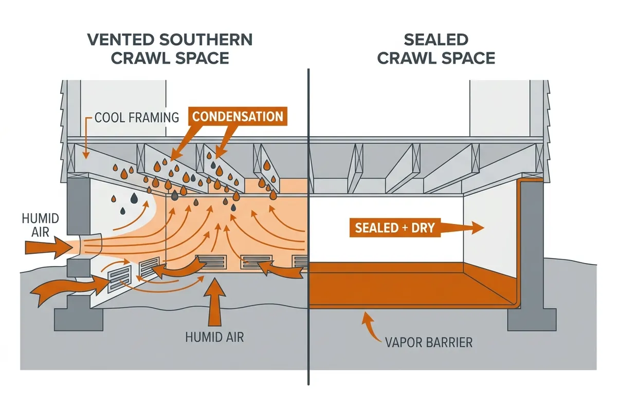 Diagram comparing a vented humid crawl space to a sealed, dry crawl space in the Midlands climate