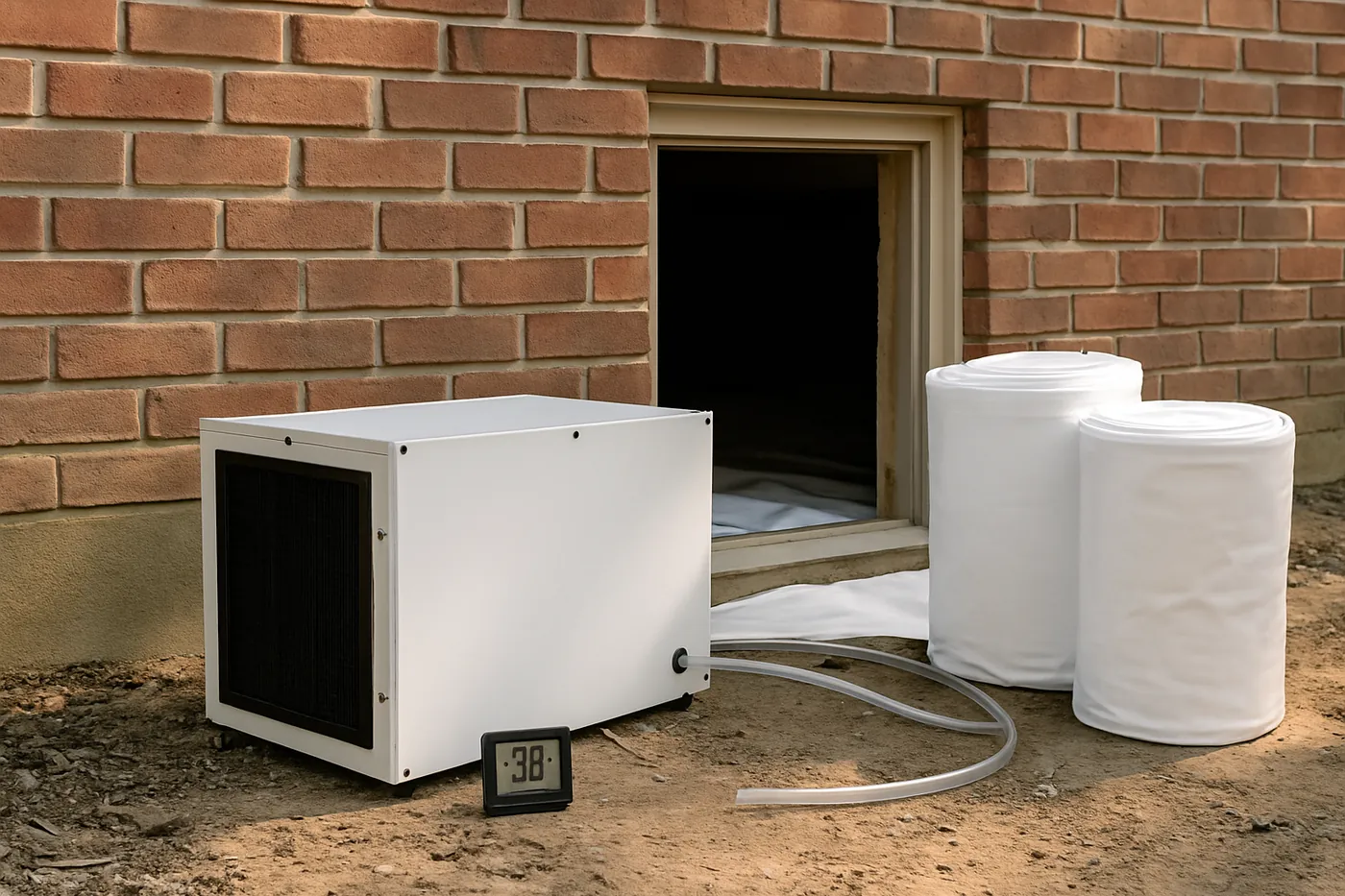 Crawl space dehumidifier, hygrometer, and liner rolls staged at a Columbia brick ranch