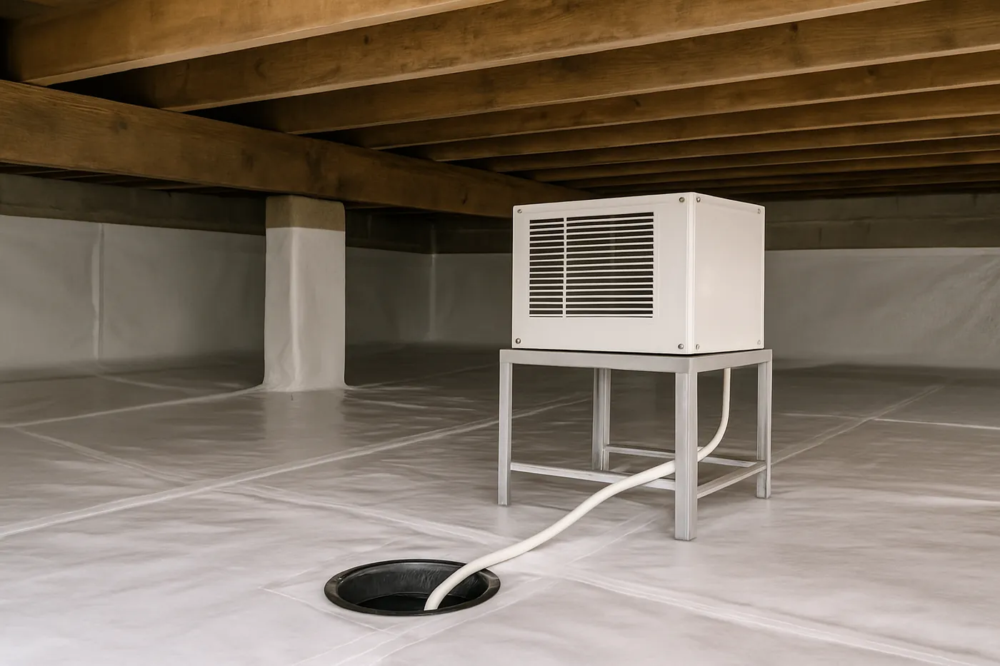Sealed crawl space with taped liner seams and a stand-mounted dehumidifier in Columbia